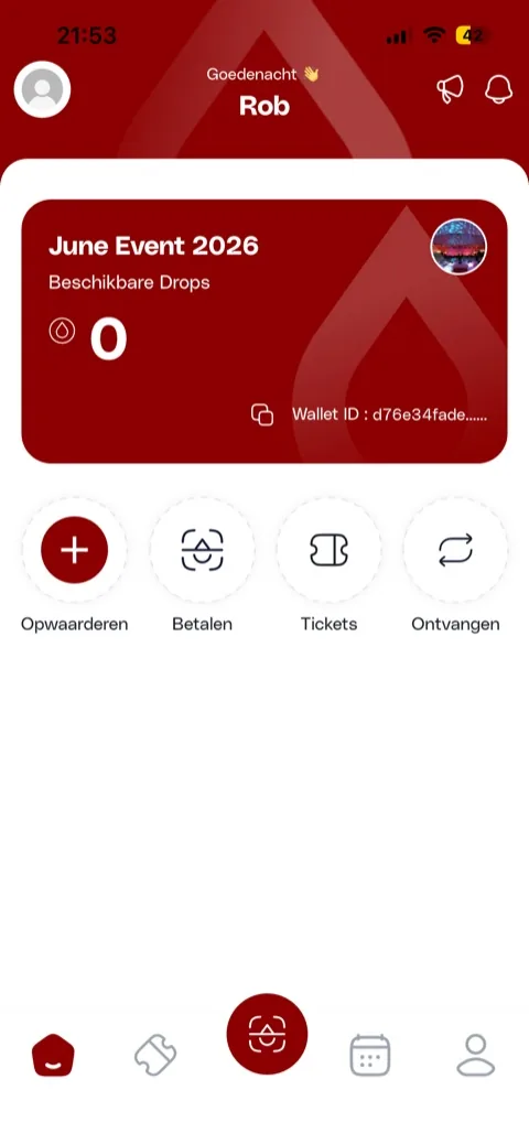 Drop-app walletscherm met beschikbare Drops en knoppen voor opwaarderen, betalen, tickets en ontvangen