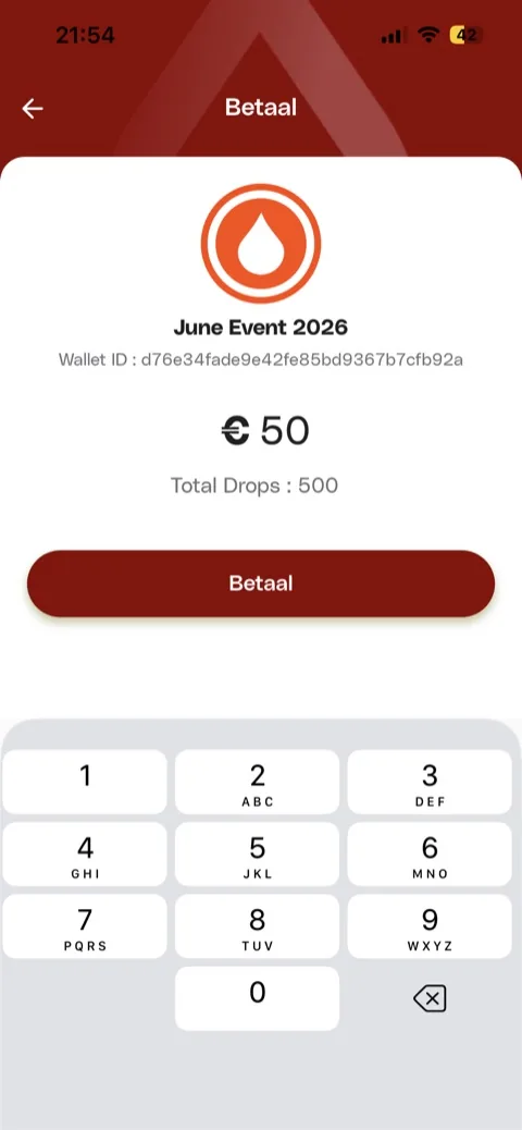 Drop-app betaalscherm met bedrag van 50 euro, gelijk aan 500 Drops