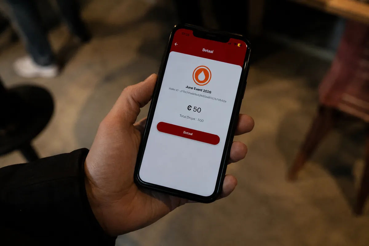 Bezoeker houdt de telefoon vast met 50 euro tegoed in de Drop-app, klaar om te betalen