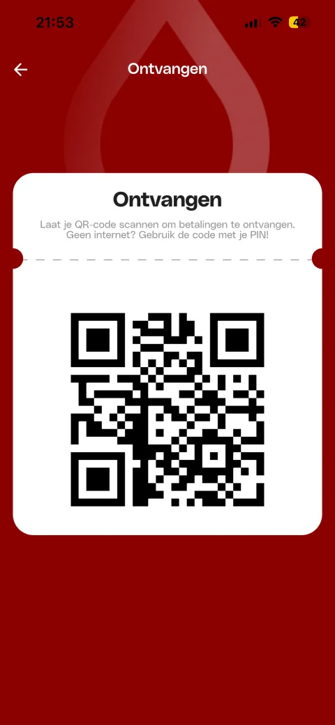 Het scherm Ontvangen in de Drop-app met de persoonlijke QR-code die het verkooppunt scant