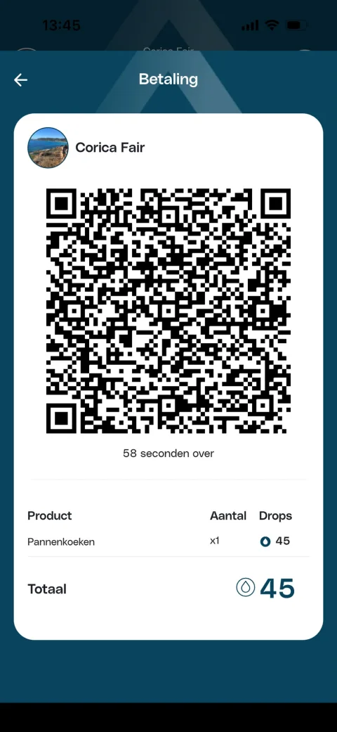 Het betaalscherm van een verkooppunt met de QR-code, het product Pannenkoeken, het aantal Drops en de resterende tijd