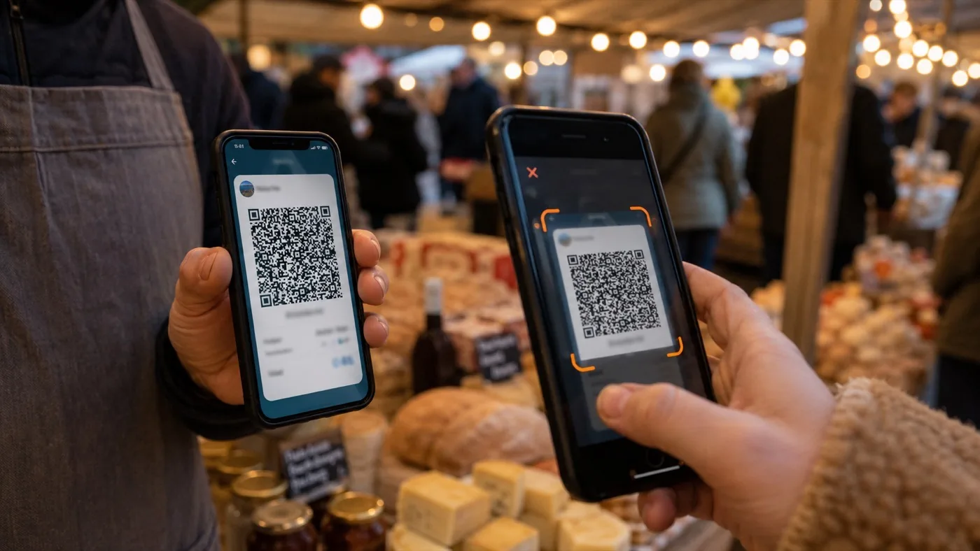 Leverancier en medewerker rekenen op de personeelskerstmarkt af met twee telefoons, zonder kassa of betaalterminal