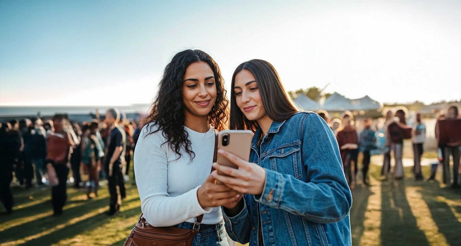 Twee vriendinnen op een festivalterrein bekijken hun tegoed op de telefoon
