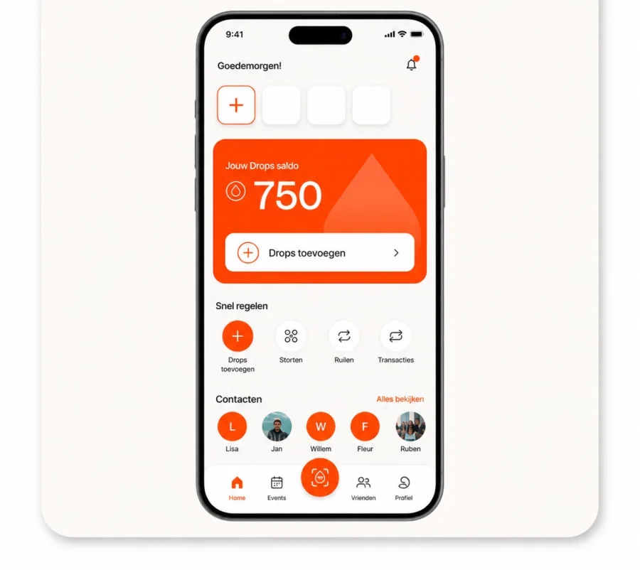 Het beginscherm van de Drop-app met het Drops-saldo en de knop Drops toevoegen
