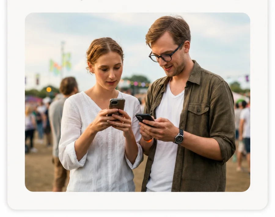 Twee bezoekers op een festival bekijken samen hun telefoons om Drops over te zetten