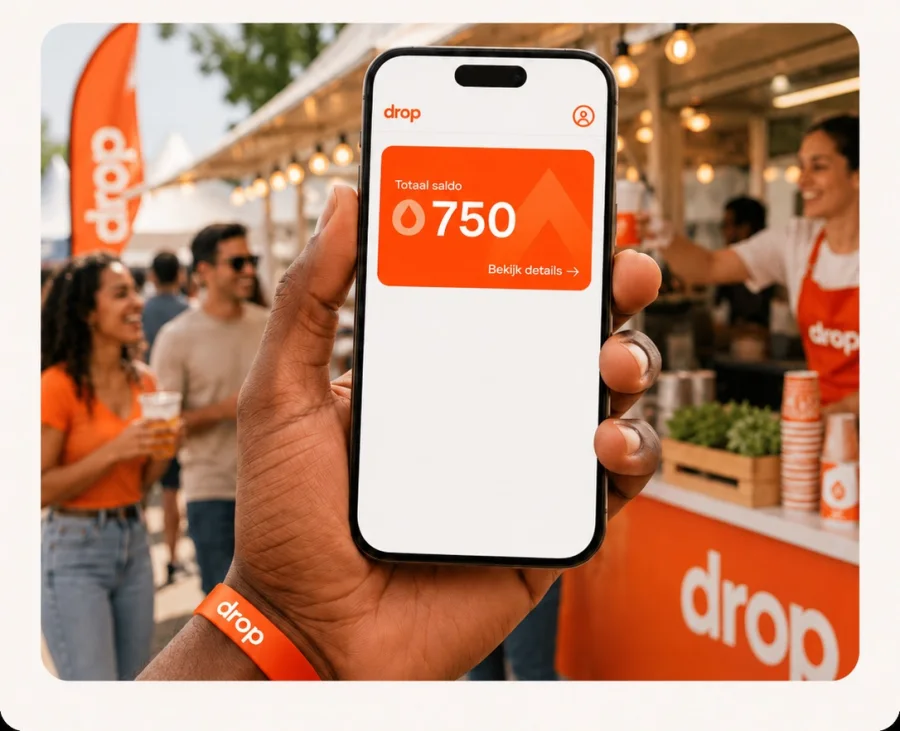 De Drop-app toont het totale saldo van een verkooppunt tijdens een evenement