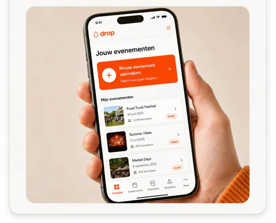 Het overzicht Jouw evenementen in de Drop-app, met de knop Nieuw evenement aanmaken en drie lopende evenementen