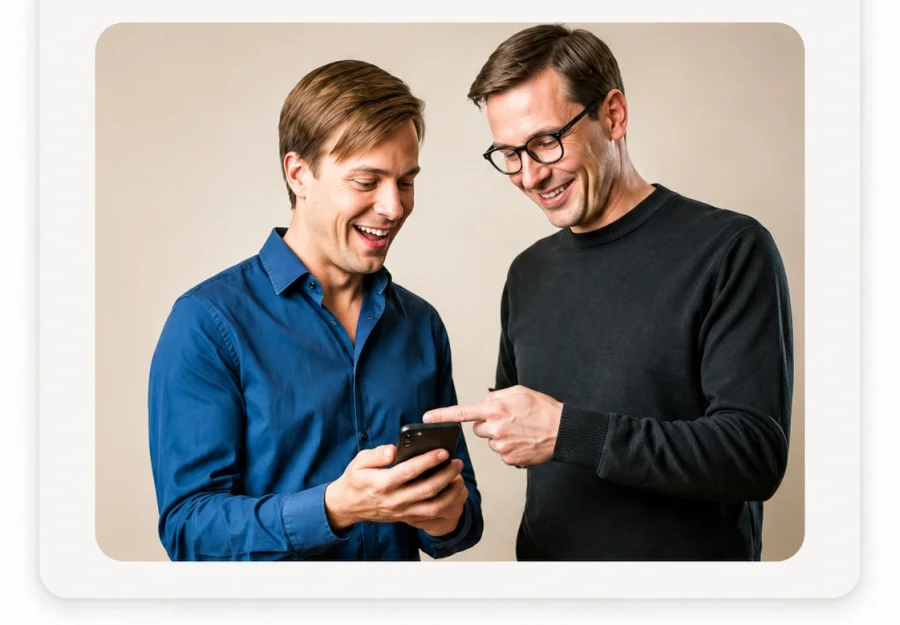 Twee organisatoren bekijken samen een telefoon en overleggen
