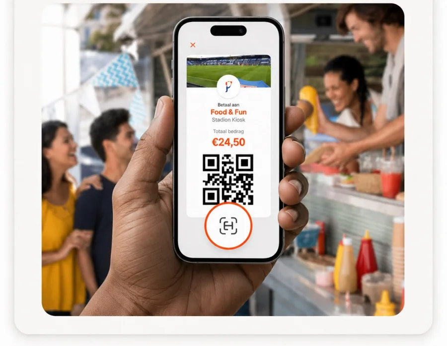 Een bezoeker betaalt bij een kiosk door de QR-code in de Drop-app te tonen