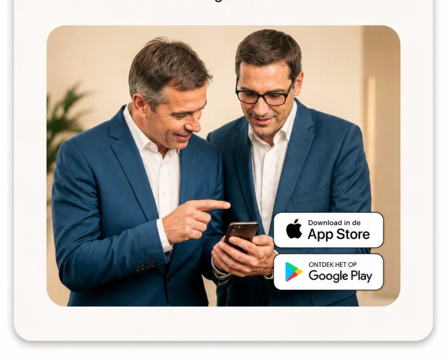 Twee sponsors bekijken samen de Drop-app op een telefoon, met de downloadknoppen voor de App Store en Google Play