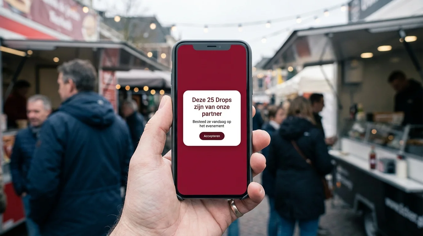 Een bezoeker houdt zijn telefoon vast met daarop het bericht
        dat 25 Drops van een partner voor hem klaarstaan, met een knop om te accepteren