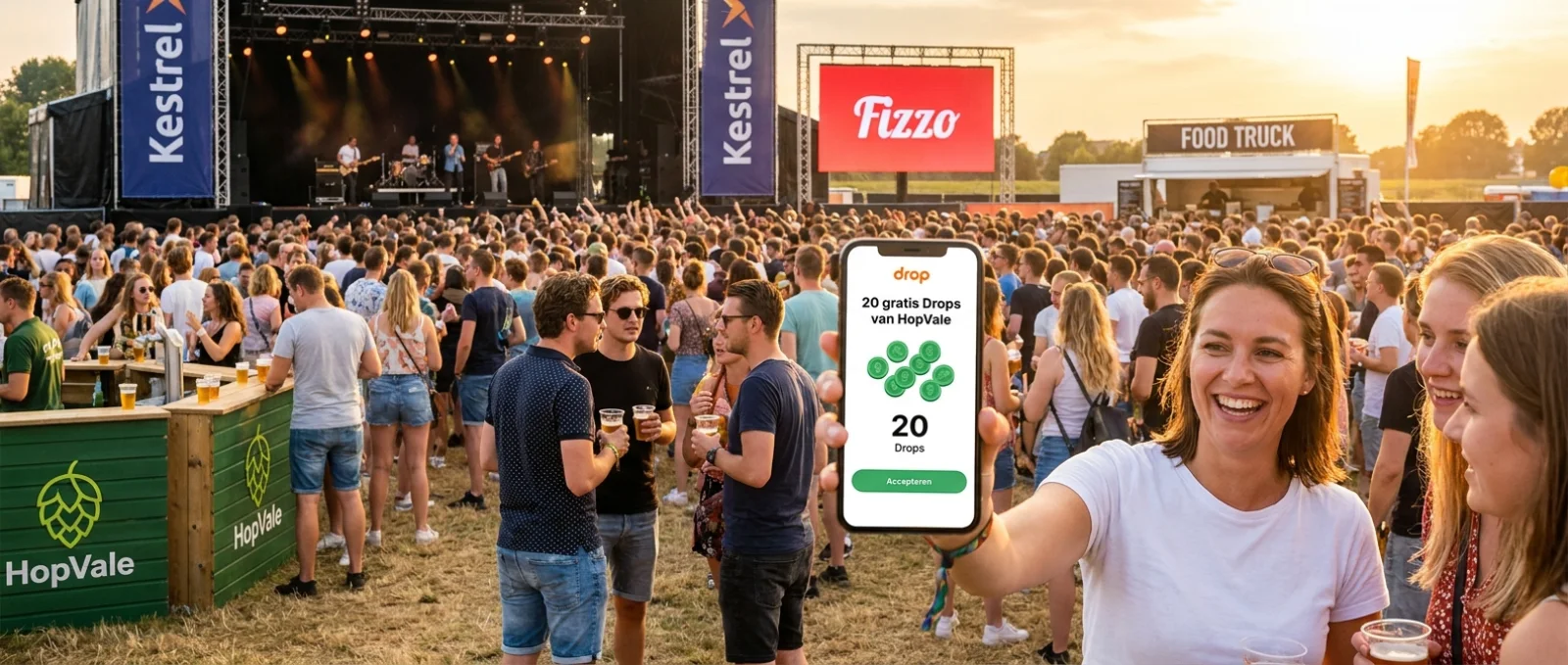 Op een festivalterrein ontvangt een bezoeker in de
      Drop-app 20 gratis Drops van een sponsor, terwijl datzelfde merk op het terrein zichtbaar is