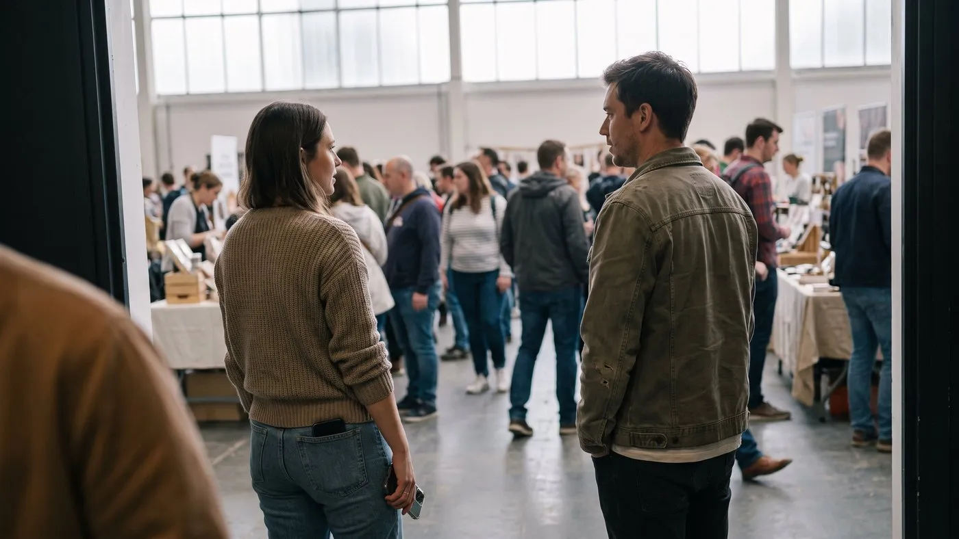 Twee organisatoren overleggen aan de rand van een drukke evenementenhal met zicht op de kramen