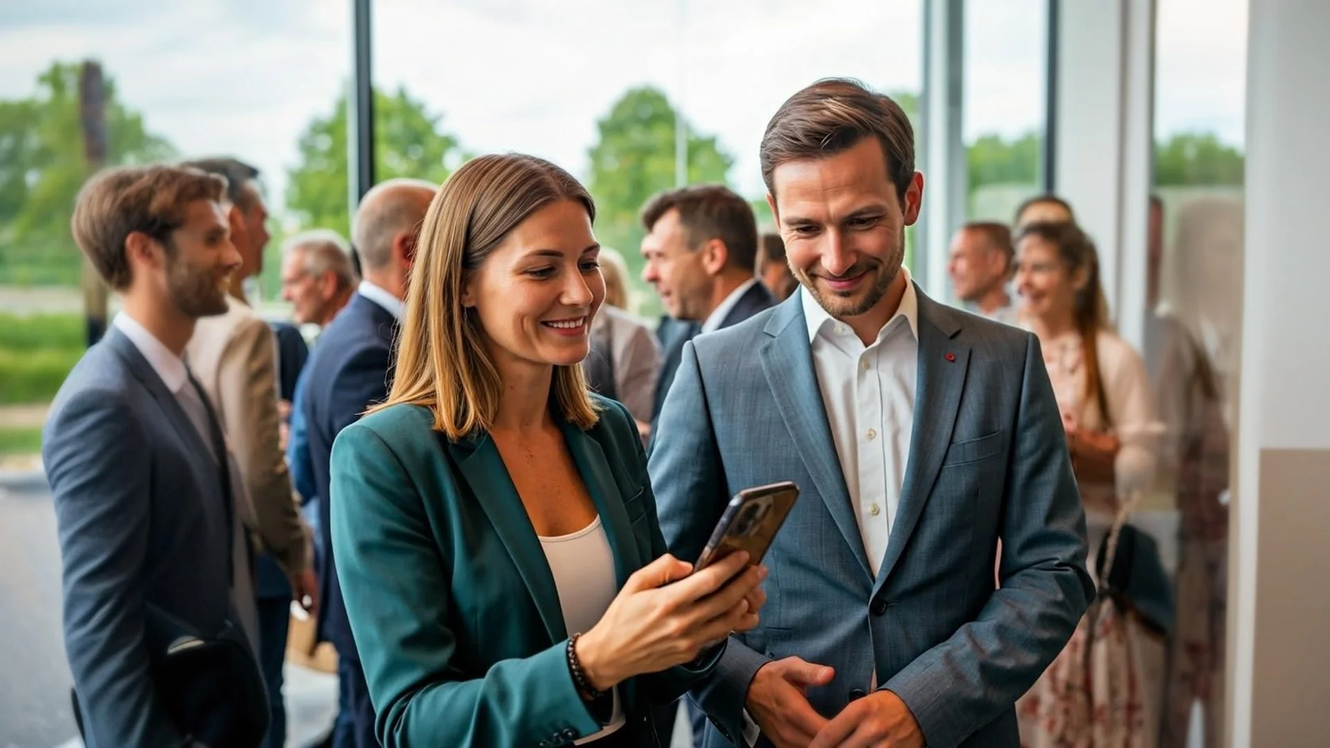 Twee bezoekers bekijken samen hun telefoon tijdens een zakelijk evenement