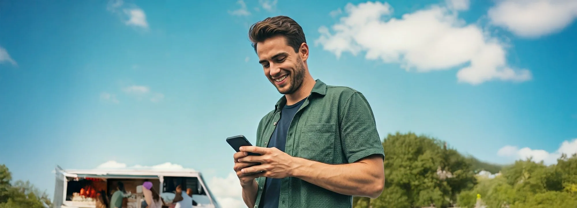 Een gebruiker bekijkt de Drop-app op zijn telefoon tijdens een buitenevenement