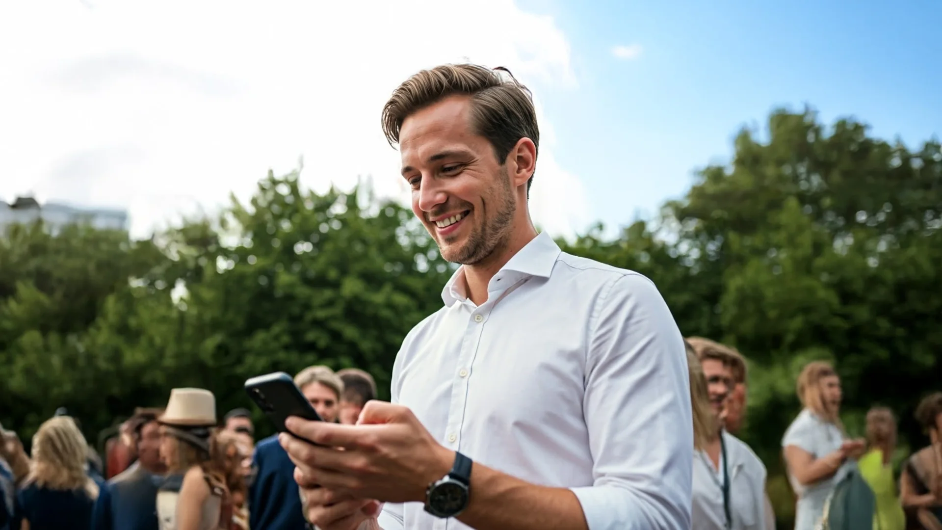 Een bezoeker gebruikt zijn telefoon op een publieksevenement