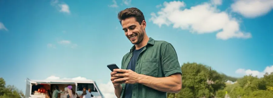 Een leverancier bekijkt zijn telefoon voor een foodtruck op een evenement