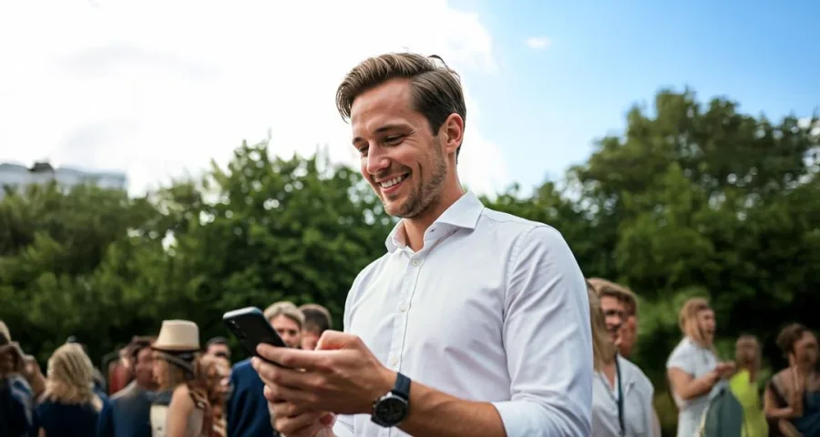 Een sponsor bekijkt zijn telefoon tussen de bezoekers van een evenement