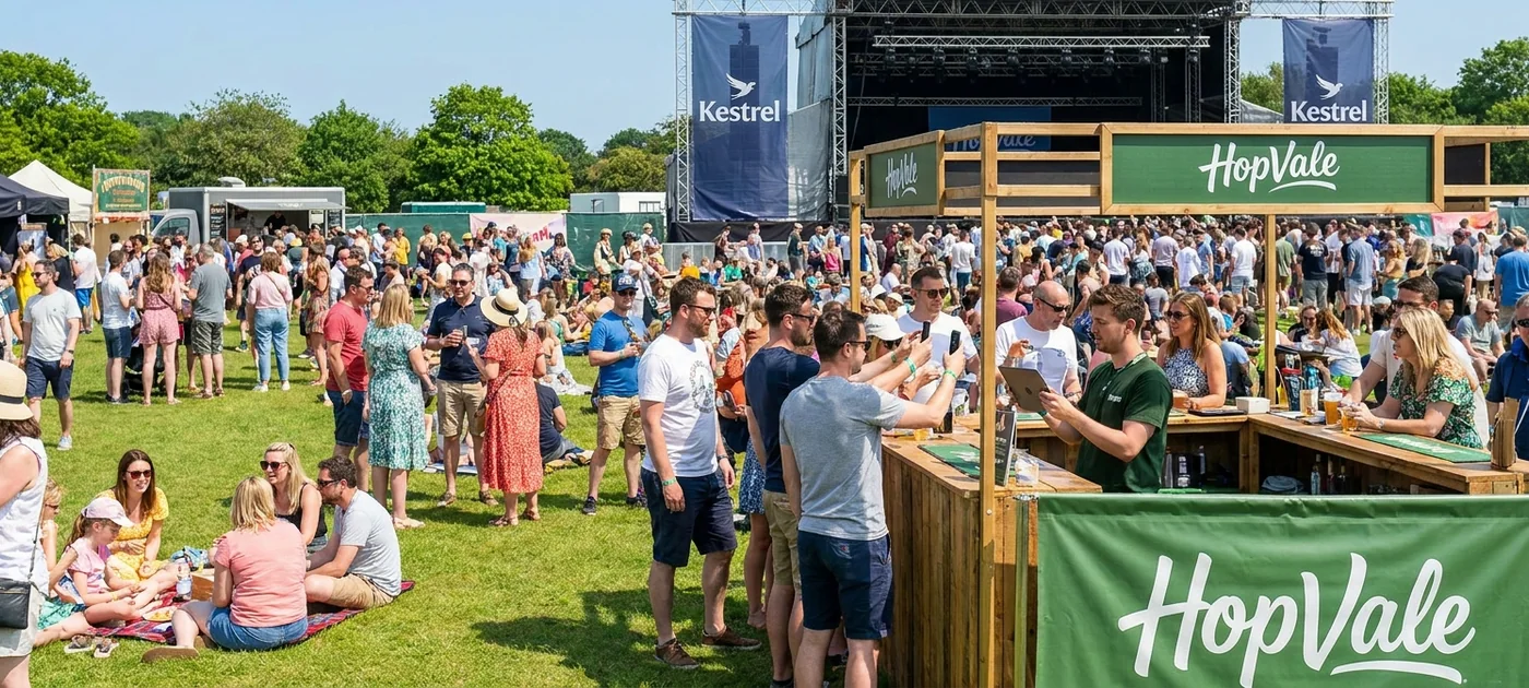 Een druk festivalterrein met sponsordoeken langs het podium, waar een bezoeker aan de bar met zijn telefoon betaalt
