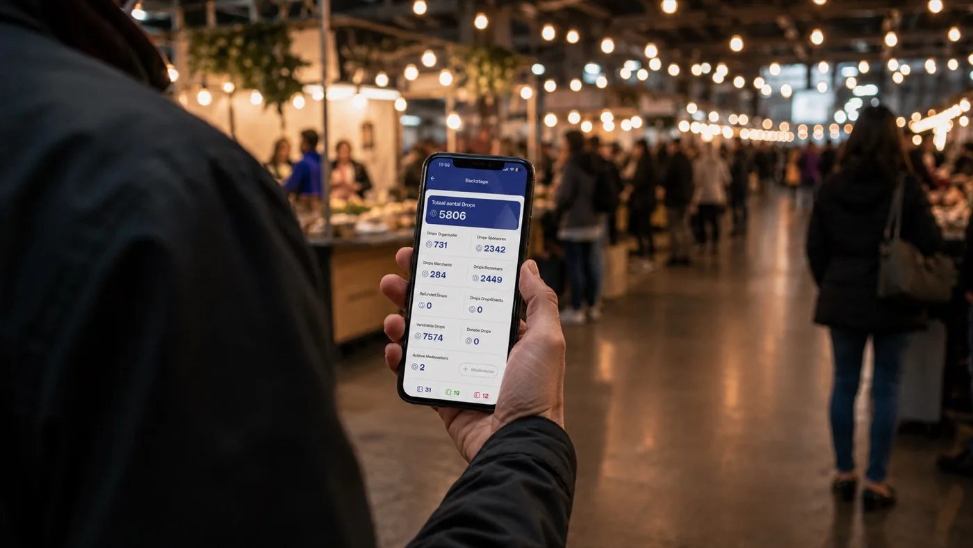 Een organisator bekijkt op een evenement het Backstage-overzicht op zijn telefoon, met het totale aantal Drops en de verdeling over sponsoren, merchants en bezoekers